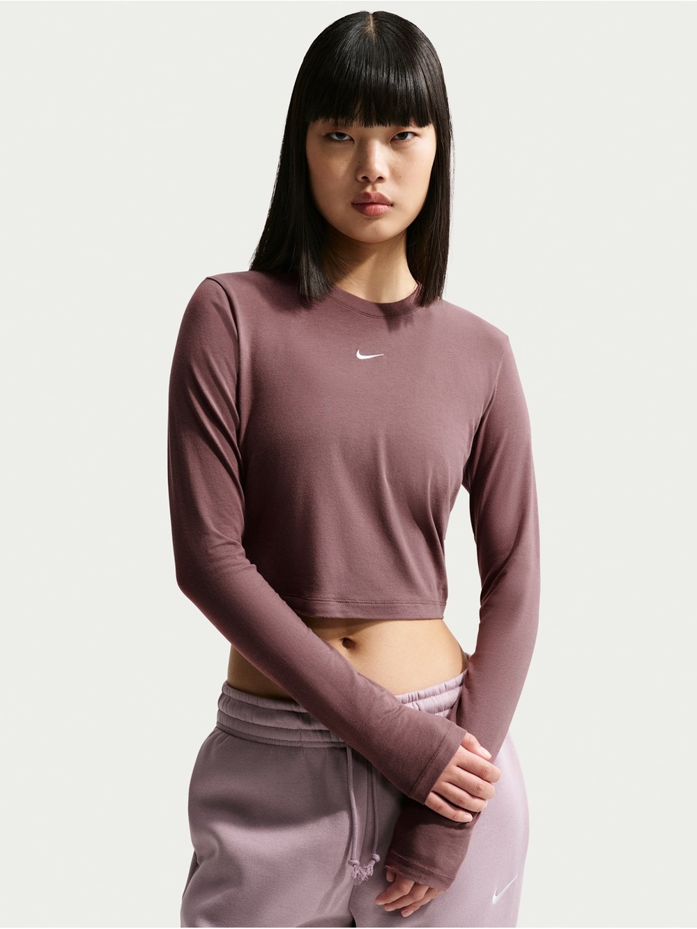 Nike Mauve Long Sleeve Cropped Tee with White Swoosh